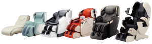 Multiple Massage Chairs In a Row, With Colours Including Black, White, Red, Grey, and Mist Blue