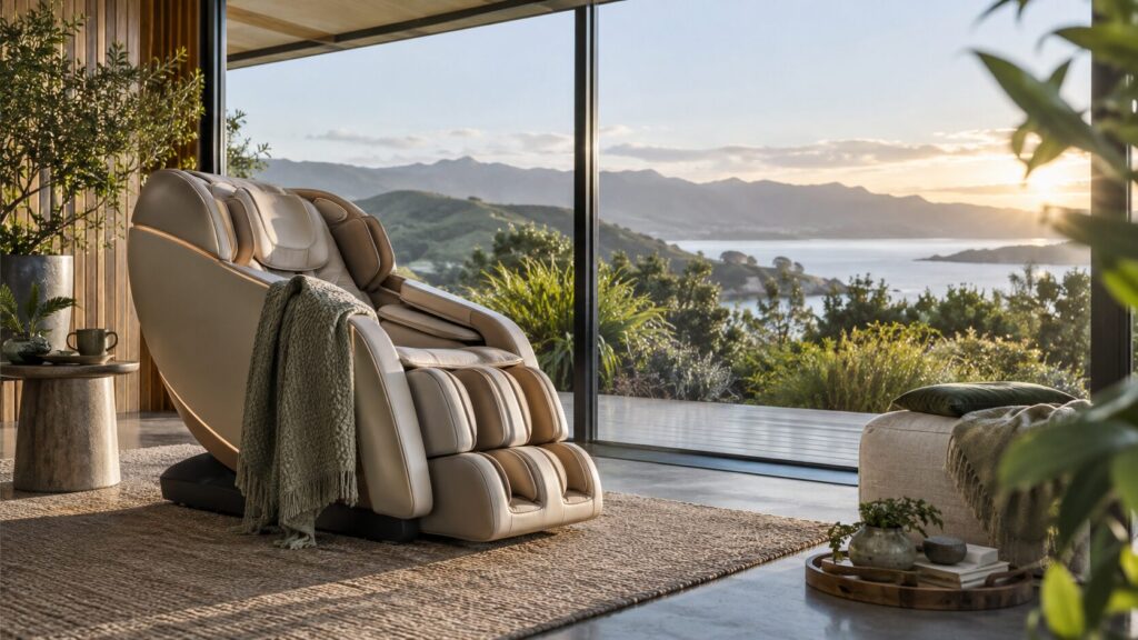 A premium massage chair in a contemporary New Zealand living room overlooking green hills and harbour at sunset