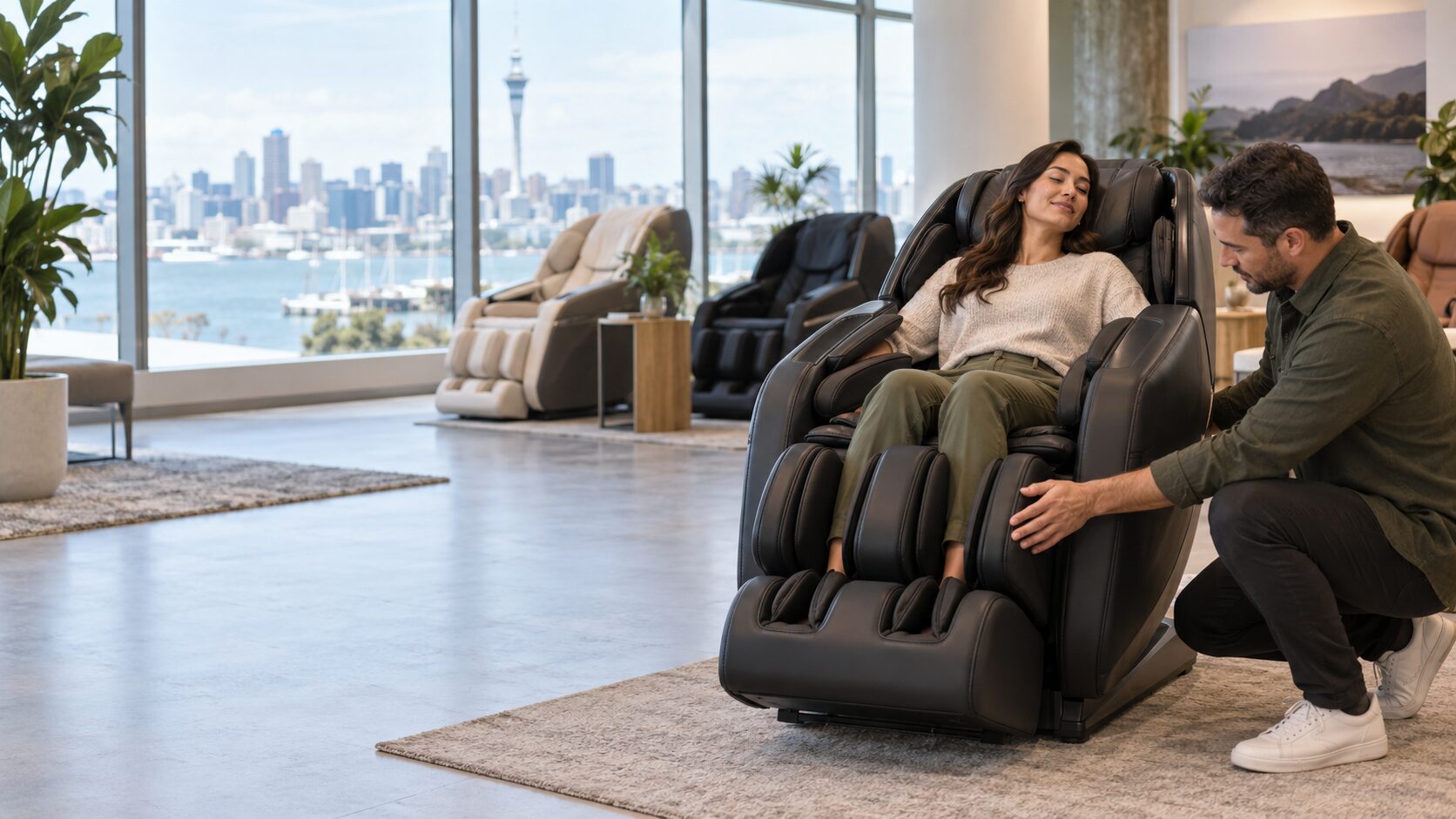 Customer testing a full-body massage chair at an Irelax showroom in Auckland with city skyline view
