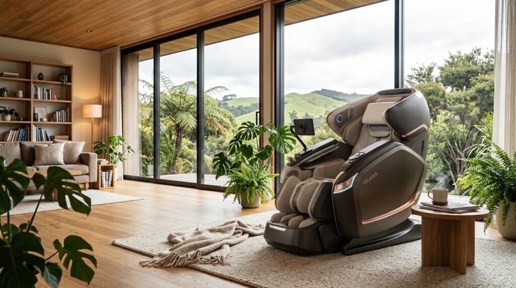 OGAWA massage chair in a light-filled living room overlooking green hills